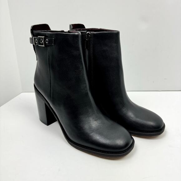 NEW Franco Sarto Rivet Black Leather Zip Up Chunky Block Heel Bootie Ankle Boot - Picture 7 of 14